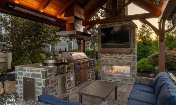 Stone & Stainless Steel Outdoor Kitchen & Fireplace