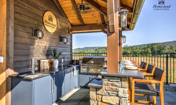 Custom Outdoor Kitchen in a Timber Frame Avalon Pool House 