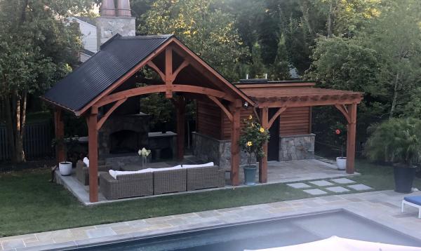 15' x 15' Timber Frame Pavilion with stone fireplace & attached wood pergola