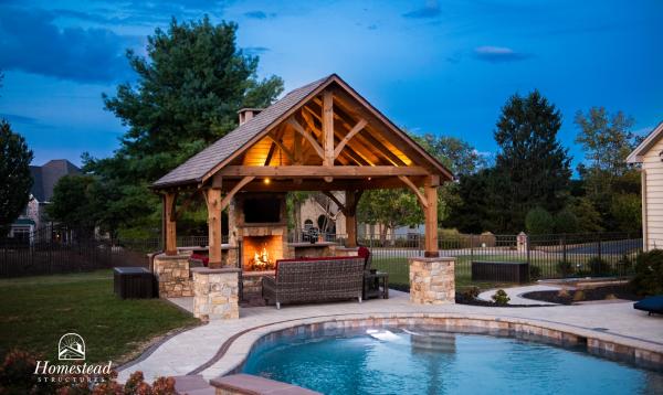 16' x 14' Timber Frame Pavilion with fireplace & mushroom stain
