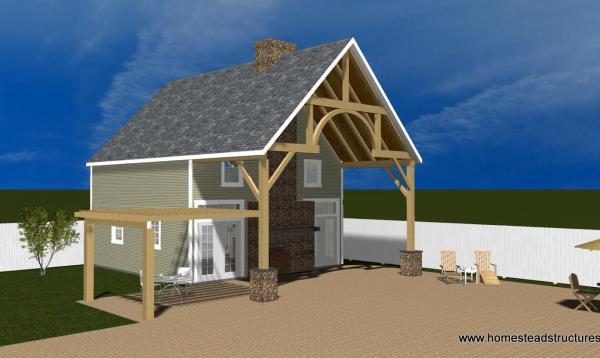 3D rendering of 2 story custom pool house with timber frame porch & pergola