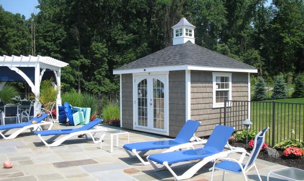 8' x 10' Pool Shed with Hip Roof & Vinyl Shake Siding