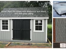 8x12 Laurel Shed Kit with dark gray siding and white trim