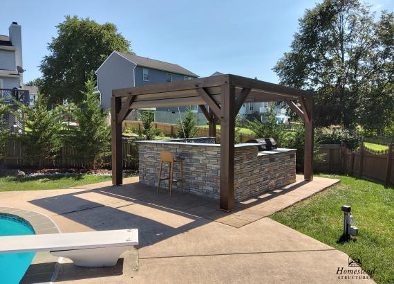 12' x 14' Timber Frame Wood Pergola with Outdoor Kitchen & EZ Shade Canopy12' x 14' Timber Frame Wood Pergola with Outdoor Kitchen & EZ Shade Canopy