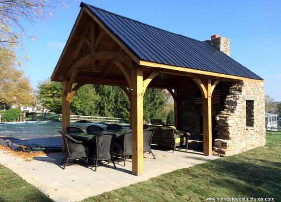 12' x 20' Timber Frame Pavilion with stone wall & metal roof