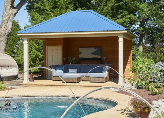 14' x 18' Avalon Pool House with blue metal roof in Center Valley, PA