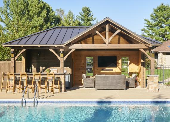 A Custom Timber Frame Pool House with Bar, Lounge, & Storage