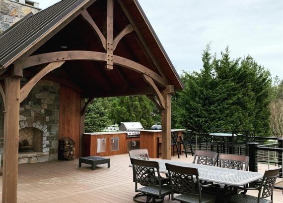 15' x 15' Timber Frame Pavilion with Fireplace & Outdoor Kitchen & 1400+ sq ft Trex Deck