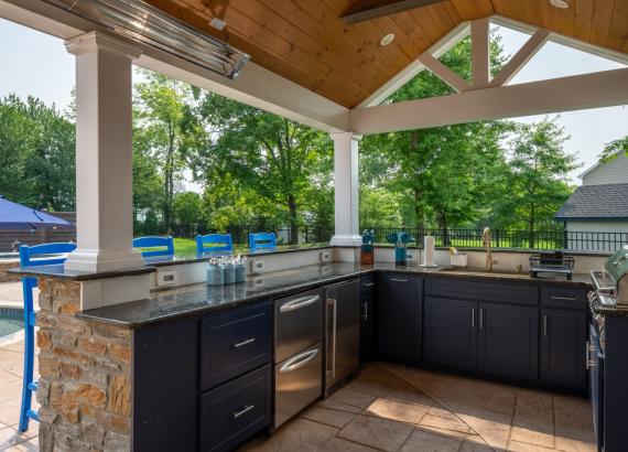 Outdoor Kitchen at Spacious 16' x 16' Liberty Pool House with Attached 10' x22' Vintage Pavilion in Trappe PA