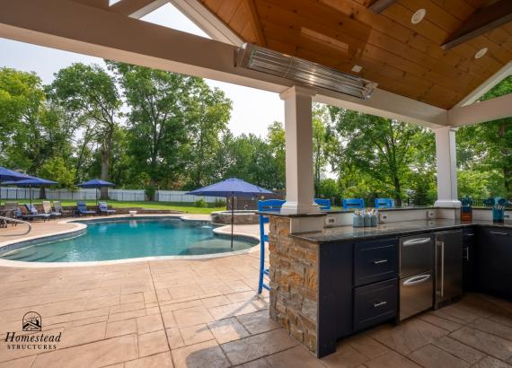 Poolside view from Spacious 16' x 16' Liberty Pool House with Attached 10' x22' Vintage Pavilion in Trappe PA