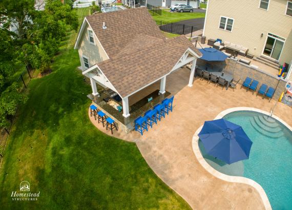 Birds eye view of Spacious 16' x 16' Liberty Pool House with Attached 10' x22' Vintage Pavilion in Trappe PA