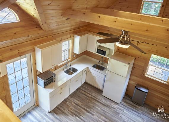 Photo of kitchen from loft in 16' x 24' Custom A-Frame Pool House in Monsey, NY 