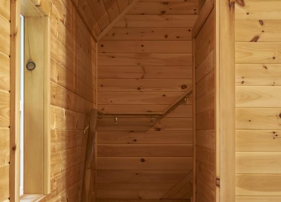 Stairs to loft in 16' x 24' Custom A-Frame Pool House in Monsey, NY 