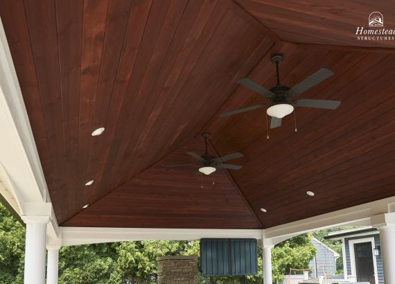 Mahogany stained T&G pine ceiling of 16' x 24' Vintage Pavilion in Norwood MA
