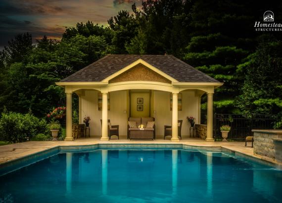 Twilight photo of 18x20 Custom Avalon Pool House in Wayne PA