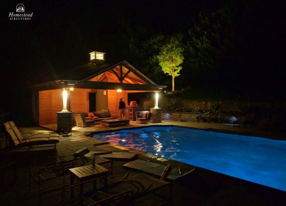 Night View of 18' x 22' Timber Frame Avalon Pool House in Wayne PA
