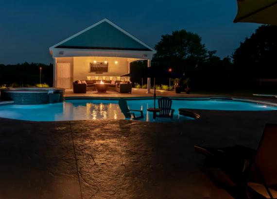 Night time view of 22' x 20' Avalon Pool House in Collegeville, PA