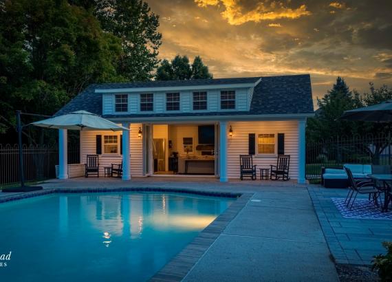 Twilight shot of 22' x 34' Custom A-Frame Pool House in Glenmoore, PA