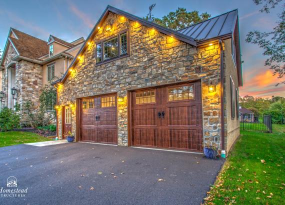 Exterior Twilight photo of 24' x 30' Custom 2-Car Garage with Cathedral Ceilings in New Hope PA