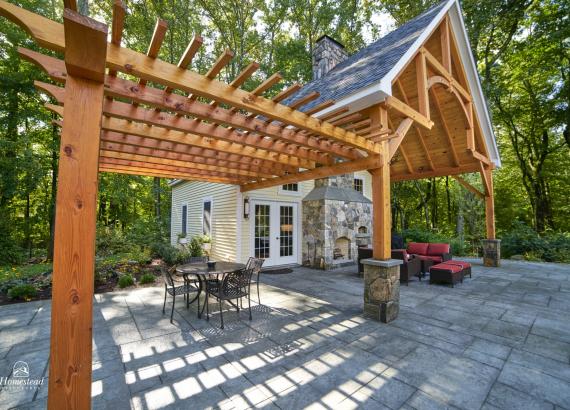 Pergola View of 24' x 38' Custom Liberty Pool House with Timber Frame Pavilion