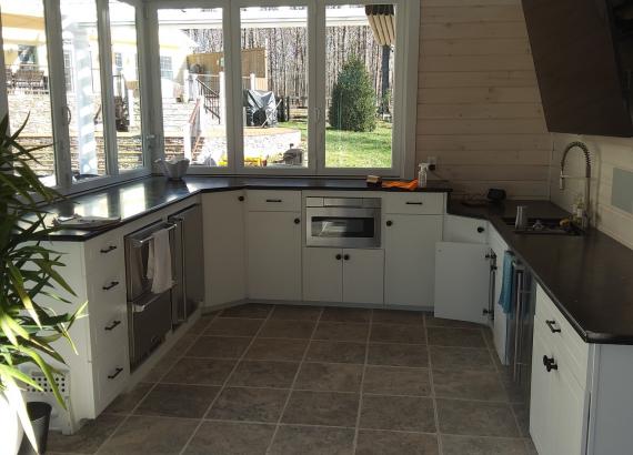 Finished Outdoor/Indoor Kitchen of 30' x 32' Custom Pool House with Origin Bi-Fold Doors 