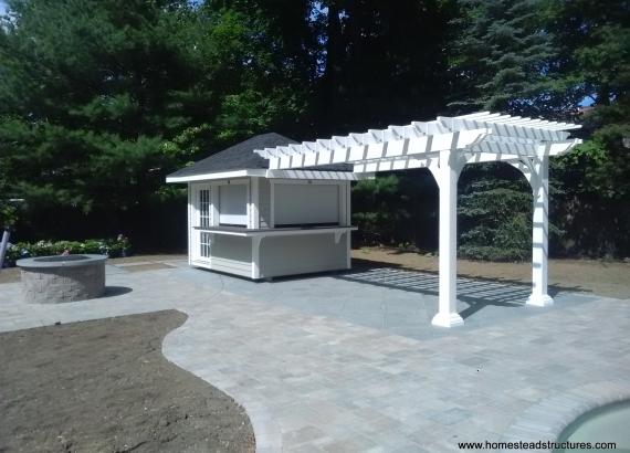 8 x 26 Hip roof Concession stand 8 x 16 with vinyl pergola