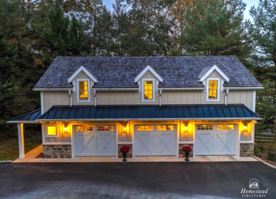 Twilight Aerial photo of 21' x 43' 3-Car Garage in Wayne PA with 2nd floor Gym & Living Space
