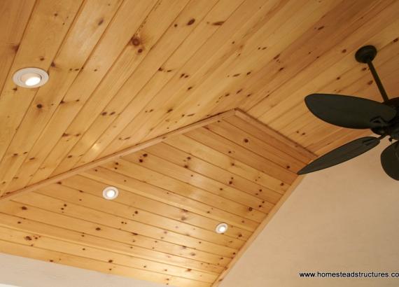 Wellington pool cabana pine ceiling with ceiling fan
