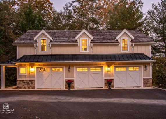Exterior Twilight photo of 21' x 43' 3-Car Garage in Wayne PA with 2nd floor Gym & Living Space