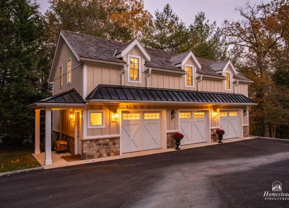 Exterior Twilight photo of 21' x 43' 3-Car Garage in Wayne PA with 2nd floor Gym & Living Space