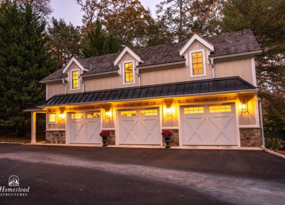 Twilight photo of 21' x 43' 3-Car Garage in Wayne PA with 2nd floor Gym & Living Space