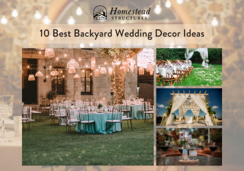 A view down the wedding aisle of a backyard wedding includes decorated chairs on the side and an archway at the end.