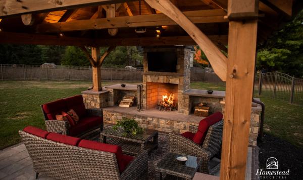 16' x 14' Timber Frame Pavilion with fireplace & mushroom stain