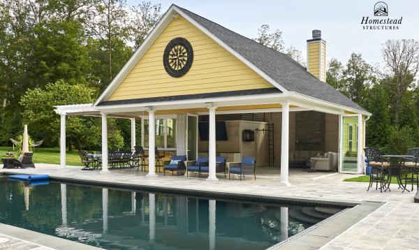custom pool house with kitchen, pergola, and chimeny