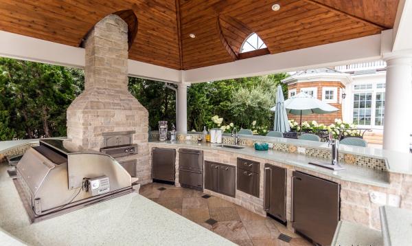 18' x 18' Vintage Pavilion Outdoor Kitchen and Pizza Oven Backyard pavilion outdoor kitchen with pizza oven