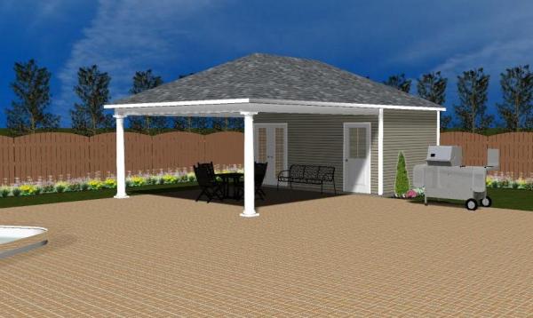 Graphic of small pool house design from Homestead Structures with covered patio 