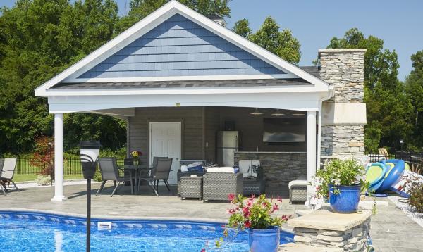 20' x 24' Custom Avalon Pool House with stone fire place