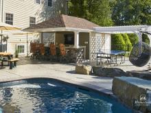 View from across the pool of 12' x 18' Siesta Poolside Bar with 12' x 12' Vinyl Pergola in Quakertown PA