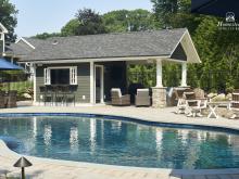 View from across the pool of 14' x 24' A-Frame Avalon Pool House in West Nyack, NY