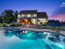 Twilight photo of 15' x 20' Attached Belmar Timber Frame Pavilion in Lansdale, PA