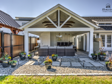 18' x 24' A-Frame Avalon Pool House with open Maple Leaf gable in Homestead Structures Outdoor Showroom