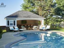 View from across the pool of 18' x 24' Hip Roof Avalon Pool House in Harleysville PA