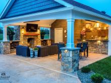 Twilight shot of 20' x 25' A-Frame Avalon Pool House with Outdoor Kitchen in Limerick, PA