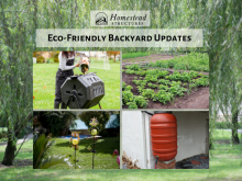 Collage of Backyard ideas including a compost bin, solar lights, a garden and a rain barrel.