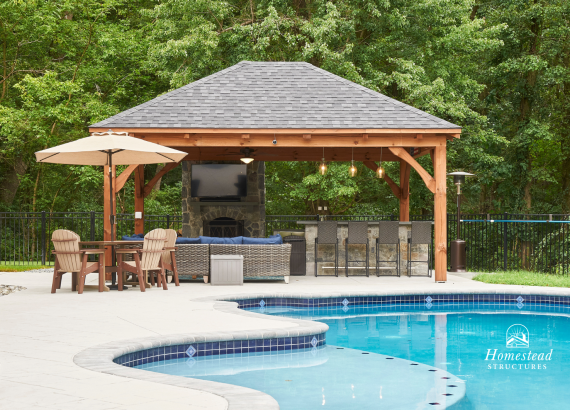 Luxury Poolside Pavilion with Outdoor Kitchen & Fireplace | Homestead Structures
