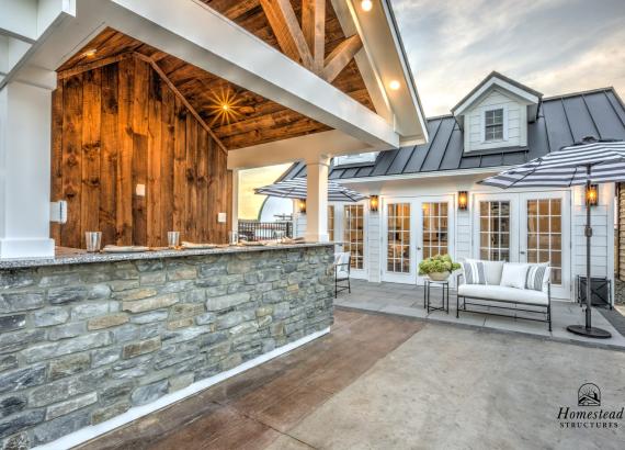 Stone veneer bar front 10' x 14' A-Frame Siesta Poolside Bar with attached Pergola in New Holland PA