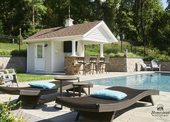 Exterior photo of backyard pool and 10' x 14' A-Frame Siesta Poolside Bar & Cabana in Stewartsville, NJ