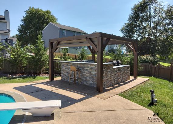 12' x 14' Timber Frame Wood Pergola with Outdoor Kitchen & EZ Shade Canopy12' x 14' Timber Frame Wood Pergola with Outdoor Kitchen & EZ Shade Canopy