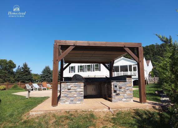 12' x 14' Timber Frame Wood Pergola with Outdoor Kitchen & EZ Shade Canopy