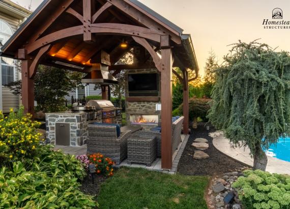 12' x 14' Timber Frame Pavilion with Outdoor Kitchen & Gas Fireplace in Lansdale PA